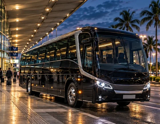 Ônibus executivo preto estacionado na área de embarque de um aeroporto, ao entardecer, com palmeiras ao fundo