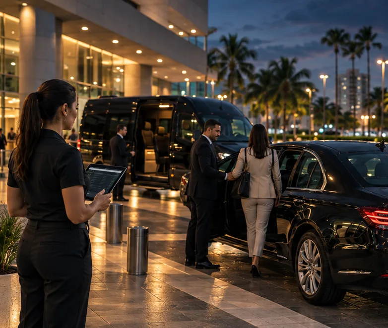 Recepcionista com tablet coordena o embarque de convidados em um sedã e uma van executiva diante de um hotel, à noite