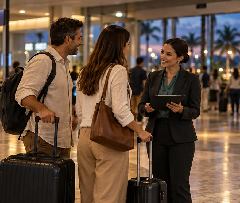 Recepcionista com tablet recebe um casal com malas no saguão de desembarque de um aeroporto, ao entardecer