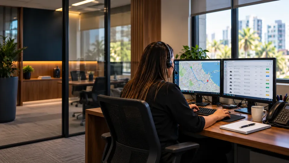Atendente com fone de ouvido acompanha um mapa com trajeto e uma lista de atendimentos em dois monitores, numa central de operações